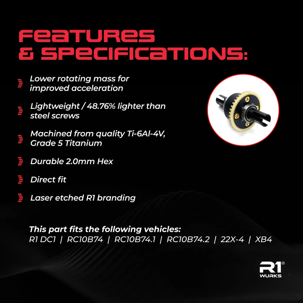R1WURKS Diff Screw Kit, Titanium, 4 Pack (Fits DC1 / B74 / 22X-4)